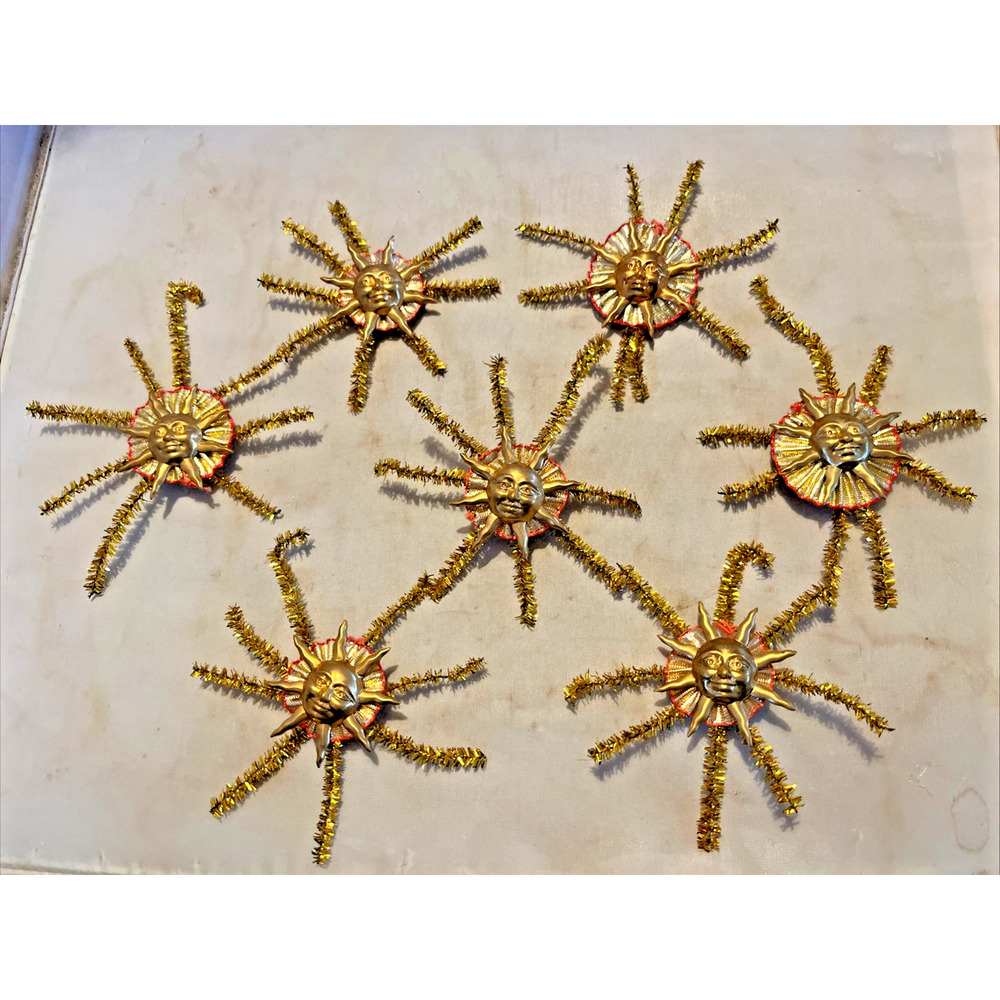 7 Hand Made Sun or Star Face Tinsel Ornaments